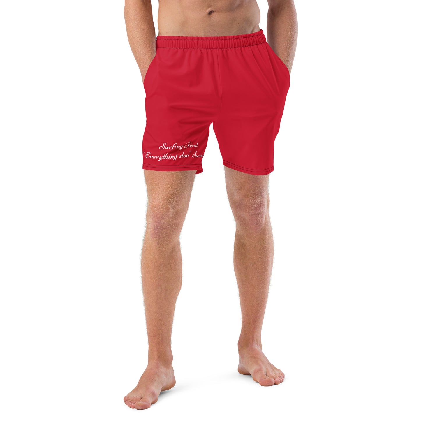 "Surfing First" - Rote Herrn Badehose für Surfer
