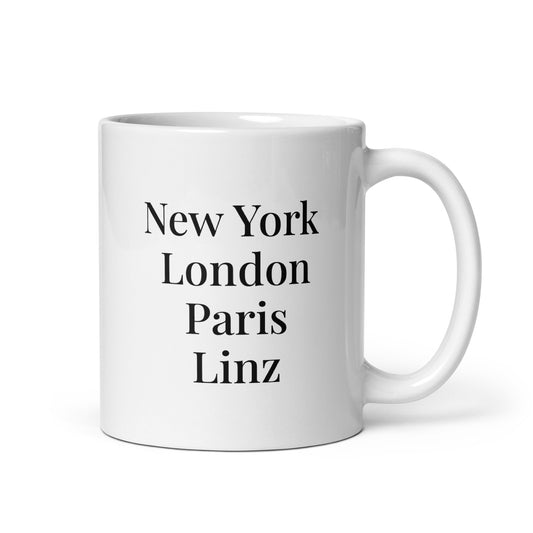 New York London Paris Linz - Weiße, glänzende Tasse